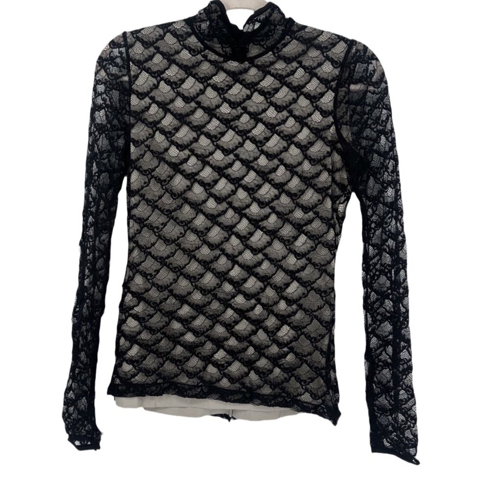 Diane von Furstenberg Black Lace Mock Neck Blouse 2 DVF Sheer Scalloped Top